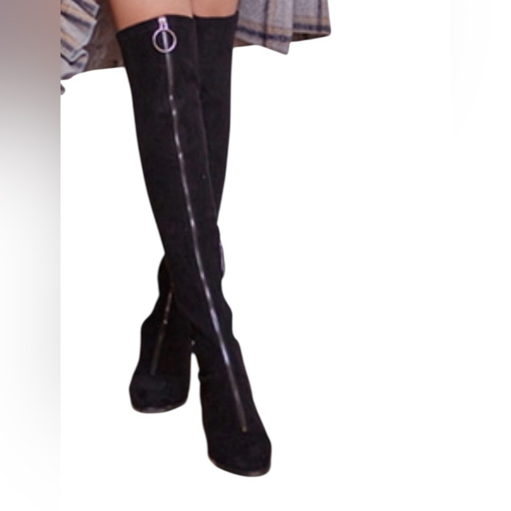 Black Over-the-Knee Women's Boots Suede Flat Tall Warm Long Boots ZipUp Size 8.5